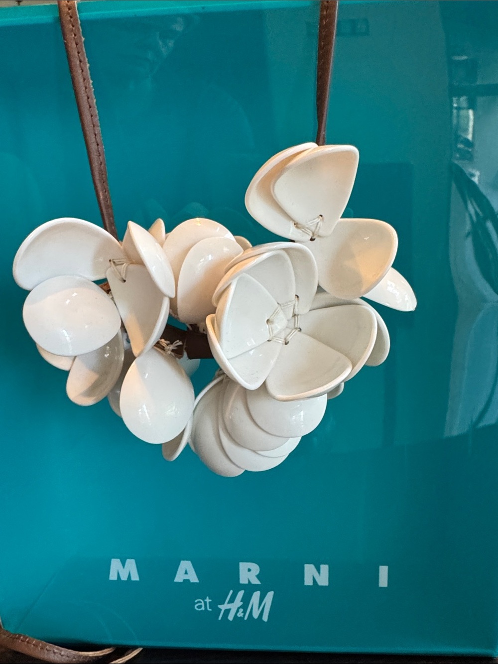 Marni at H&M White Clustered Petal Necklace on Brown Leather Strap